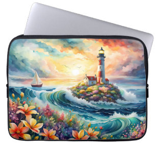 Funda Para Portátil Faro Marítimo Barco Floral Belleza Acuarela