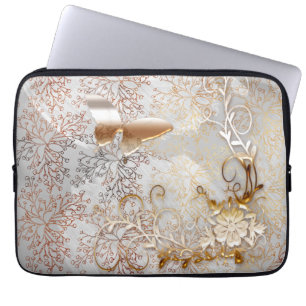 Funda Para Portátil Faux Rosa Giro floral de oro Mariposa