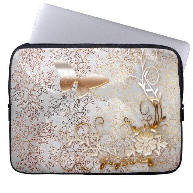 Funda Para Portátil Faux Rosa Giro floral de oro Mariposa (Frente)