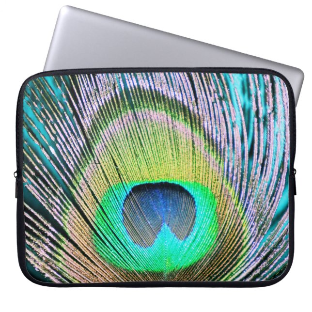 Funda Para Portátil Feather de pavo real sobre turquesa (Frente)