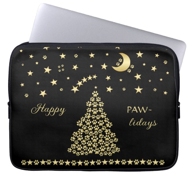 Funda Para Portátil Felices Pawlidays, árbol de navidad Gold brillante (Frente)