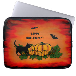 Funda Para Portátil Feliz Halloween, Gato Negro, Bat y Calabaza