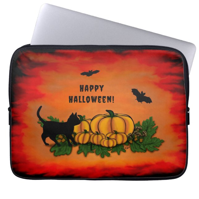 Funda Para Portátil Feliz Halloween, Gato Negro, Bat y Calabaza (Frente)