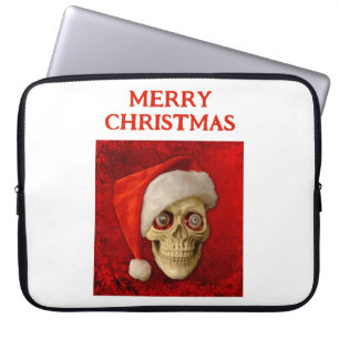 Funda Para Portátil Feliz Navidad. Calavera con sombrero de Santa