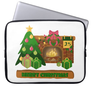 Funda Para Portátil Feliz Navidad cerca de la chimenea de fuego árbol 