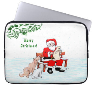 Funda Para Portátil Feliz Navidad! Papá Noel con gato y perro