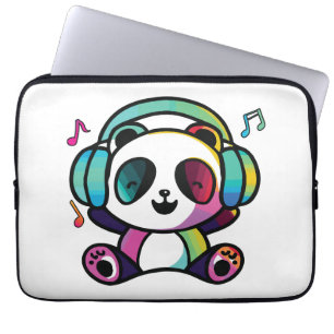 Funda Para Portátil Feliz Panda con auriculares escuchando música.