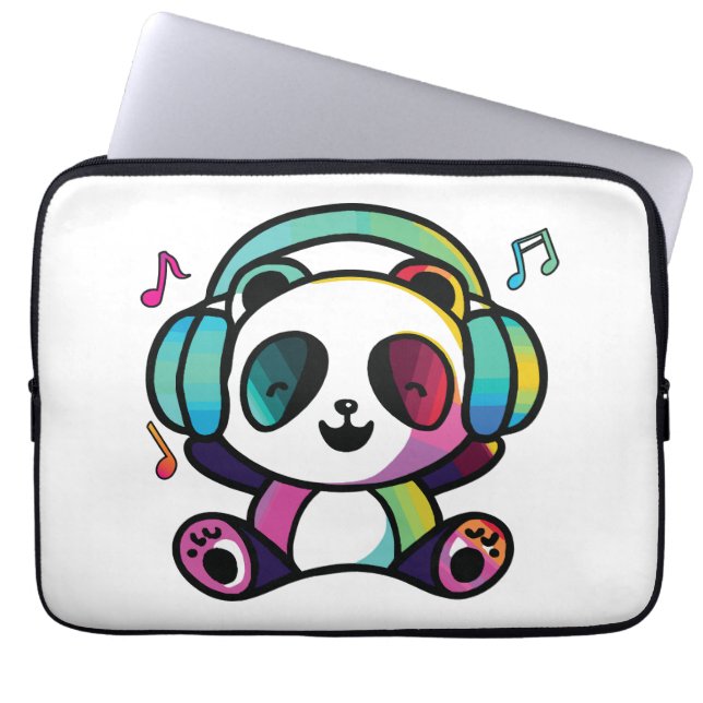 Funda Para Portátil Feliz Panda con auriculares escuchando música. (Frente)