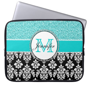 Funda Para Portátil Femenino, verde azulado, damasco negro del