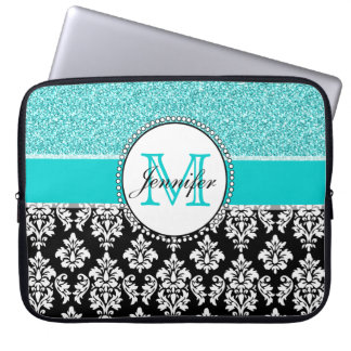 Funda Para Portátil Femenino, verde azulado, damasco negro del