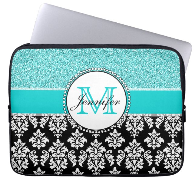 Funda Para Portátil Femenino, verde azulado, damasco negro del (Frente)
