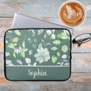 Funda Para Portátil Firma verde del sabio floral del país