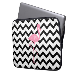 Funda Para Portátil Flamenco rosado con monograma + Chevron negro