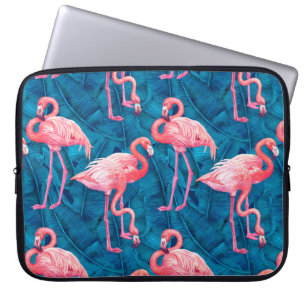 Funda Para Portátil Flamencos en hojas de plátano azules