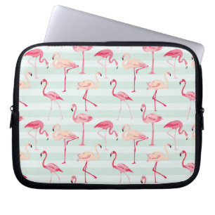 Funda Para Portátil Flamencos retros en rayas de la menta