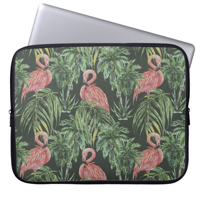 Funda Para Portátil Flamencos rosados, patrón de cosecha tropical. (Frente)