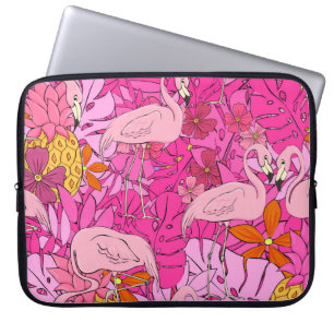 Funda Para Portátil Flamencos sobre un fondo de hojas tropicales y f