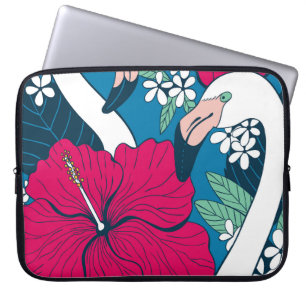 Funda Para Portátil Flamencos tropicales: fondo de Hibiscus Plumeria.