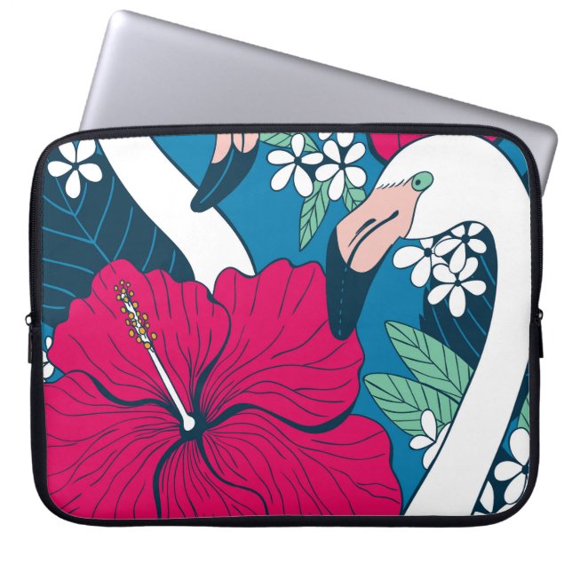 Funda Para Portátil Flamencos tropicales: fondo de Hibiscus Plumeria. (Frente)