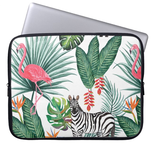 Funda Para Portátil Flamingo moderno cebra hoja tropical acuática (Frente)