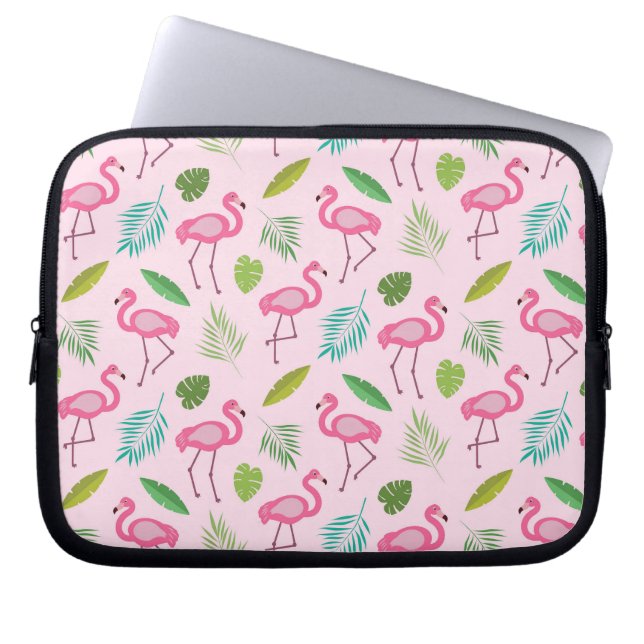 Funda Para Portátil Flamingo rosa con hojas de palmera tropicales (Frente)