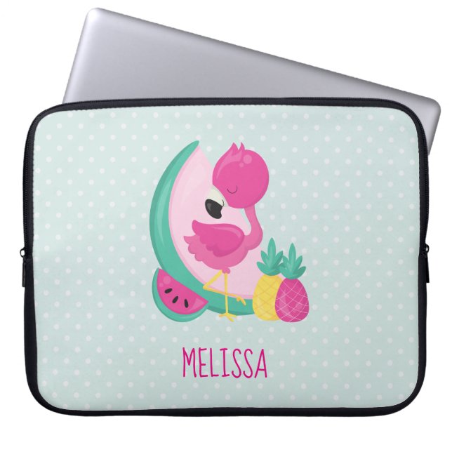 Funda Para Portátil Flamingo rosa con sandía y piña (Frente)