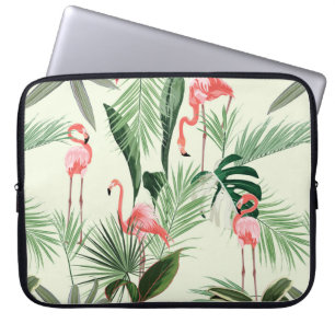 Funda Para Portátil Flamingo rosa y flores exóticas, hojas de palma. 