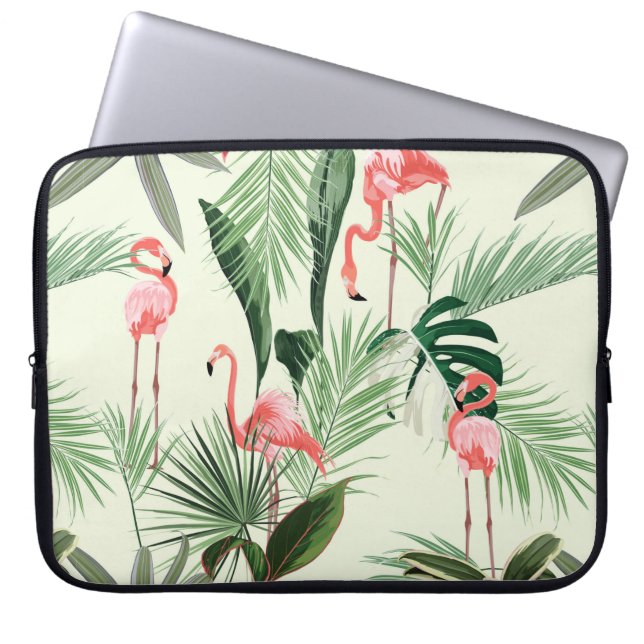 Funda Para Portátil Flamingo rosa y flores exóticas, hojas de palma. F (Frente)