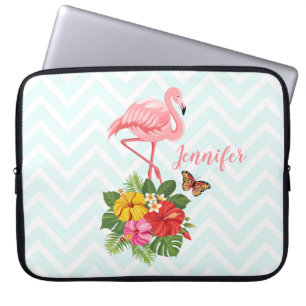 Funda Para Portátil Flamingo rosado y flamante tropical hibiscus