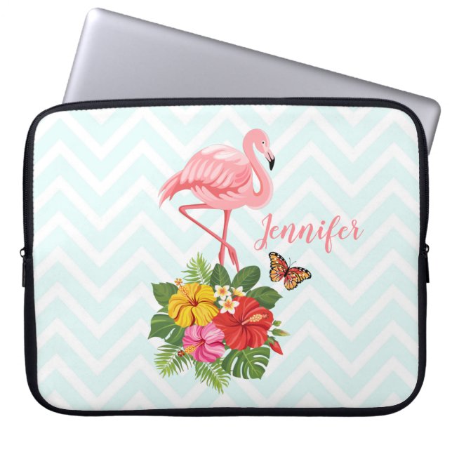 Funda Para Portátil Flamingo rosado y flamante tropical hibiscus (Frente)