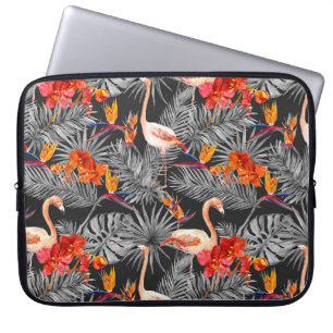 Funda Para Portátil Flamingo y flores, patrón monocromo.