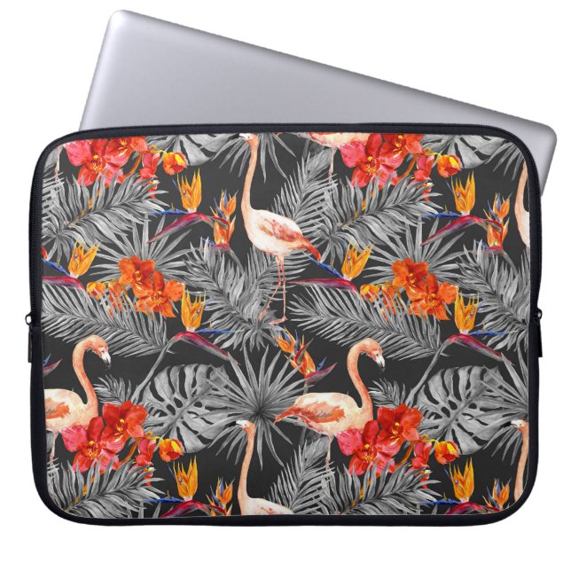 Funda Para Portátil Flamingo y flores, patrón monocromo. (Frente)