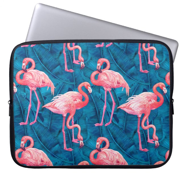 Funda Para Portátil Flamingos on blue banana leaves (Frente)