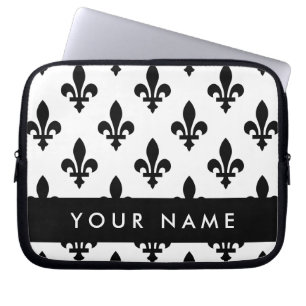 Funda Para Portátil Fleur de Lis, Negro sobre Blanco, Negro, Tu Nombre