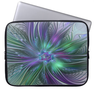 Funda Para Portátil Flor Abstracta Moderna Fractal Verde Púrpura