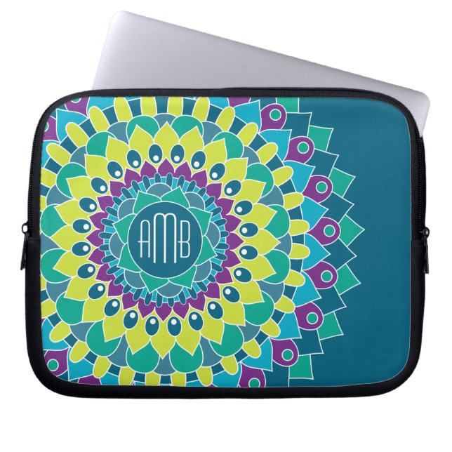 Funda Para Portátil Flor bohemia con monogramas (Frente)