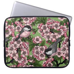 Funda Para Portátil Flor de cerezo y pollos en verde