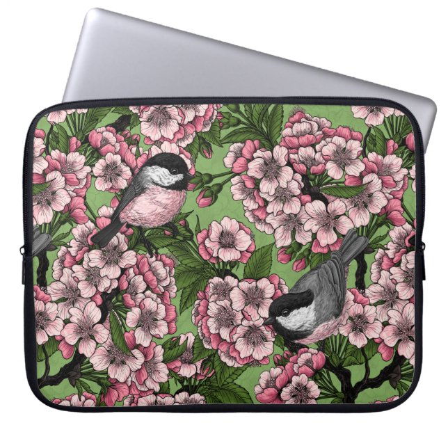 Funda Para Portátil Flor de cerezo y pollos en verde (Frente)