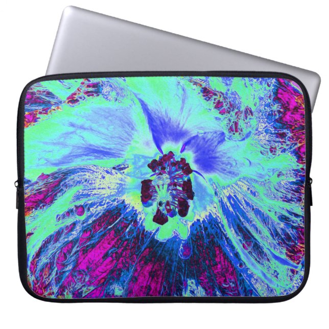 Funda Para Portátil Flor de hibiscus verde y azul psicodélico retro (Frente)