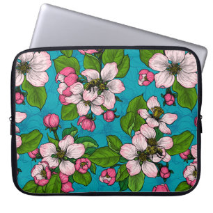 Funda Para Portátil Flor de manzana sobre turquesa
