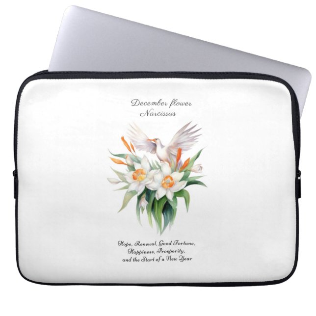Funda Para Portátil Flor de Narciso de diciembre con pájaro floral (Frente)