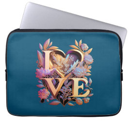 Funda Para Portátil Flor elegante, corazón y amor dorado