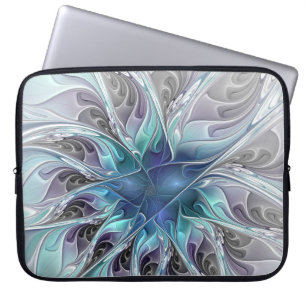 Funda Para Portátil Flor Fractal Moderna Con Azul