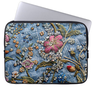 Funda Para Portátil Flor morada bordada en luz de denim