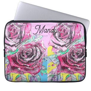 Funda Para Portátil Flor rosa roja acuarela color rosa arte colorido