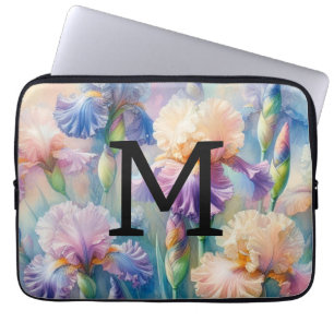 Funda Para Portátil Flora acuarela monograma flores de iris púrpura