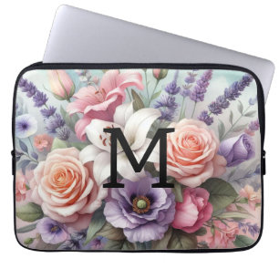 Funda Para Portátil Floral acuarela monograma flores púrpura rosa