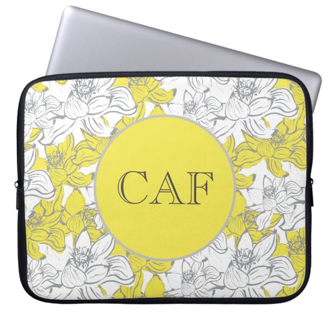 Funda Para Portátil Floral amarilla y gris monogramada (Frente)