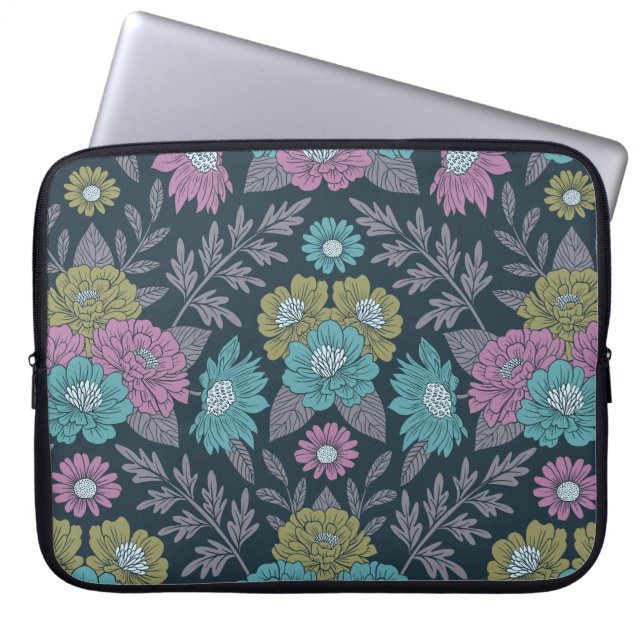 Funda Para Portátil Floral azul oscuro, verde y púrpura (Frente)