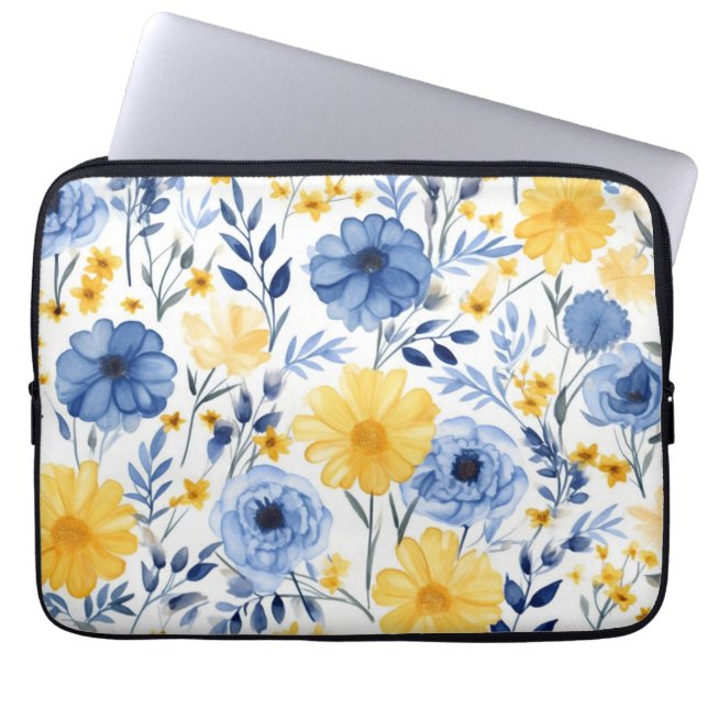 Funda Para Portátil Floral azul y amarilla (Frente)